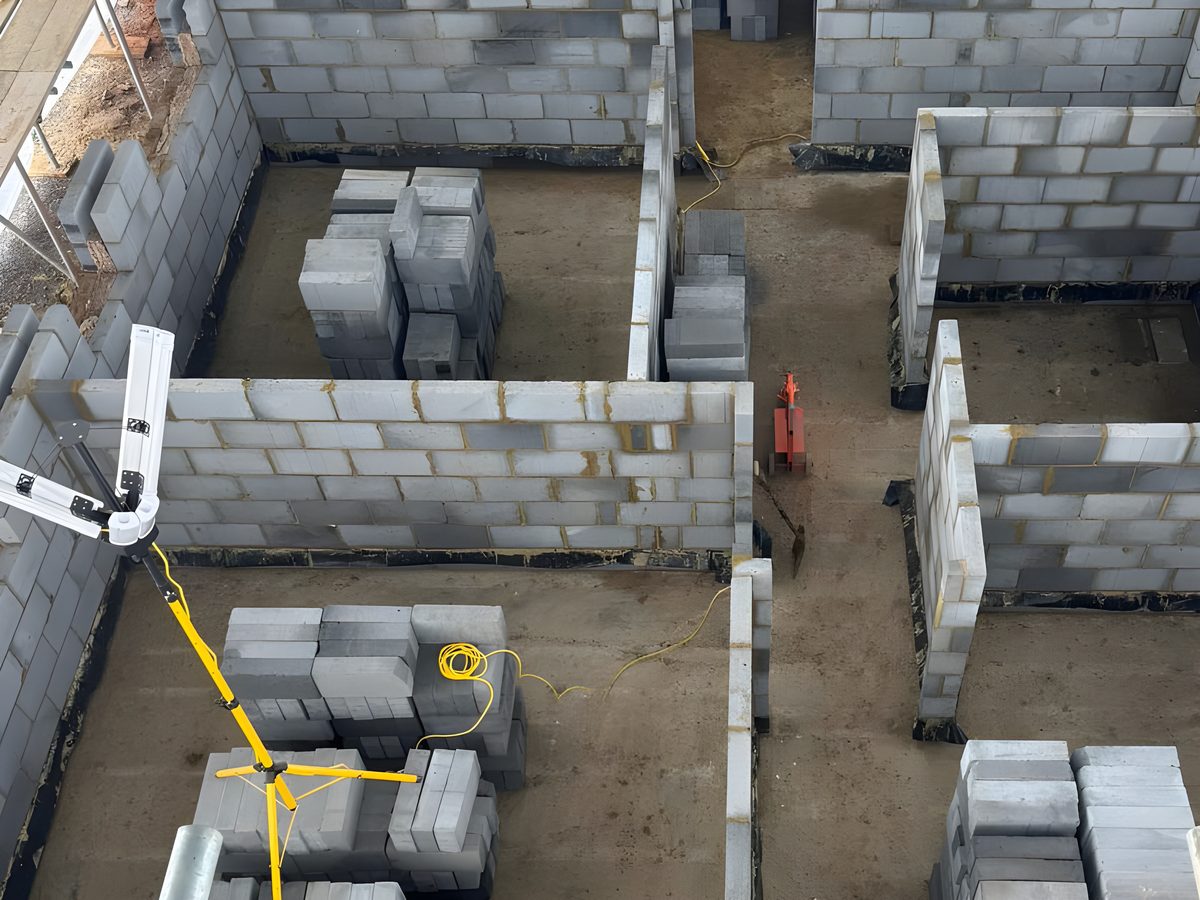 Blockwork walls of a new home rising from the ground floor slab
